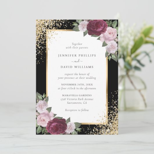 Zwarte Bourgogne Blush Roze Goud Bloemen Huwelijk Kaart (Staand voorkant)