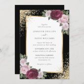 Zwarte Bourgogne Blush Roze Goud Bloemen Huwelijk Kaart (Voorkant / Achterkant)