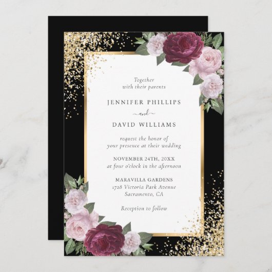 Zwarte Bourgogne Blush Roze Goud Bloemen Huwelijk Kaart (Voorkant / Achterkant)