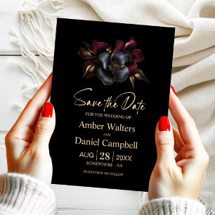 Zwarte Bourgogne Grijze Bloemen Save the Date Kaart