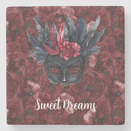 Zwarte Bourgogne Rode Veren Masker Stenen Onderzetter (Voorkant)