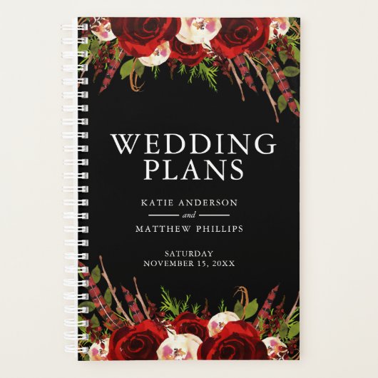 Zwarte Bourgondië Florale Boho Bruiloft Planner (Voorkant)