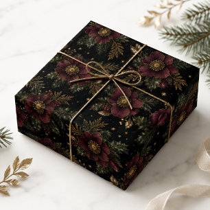 Zwarte Bourgondië Goud Hellebore Botanische Kerstm Cadeaupapier