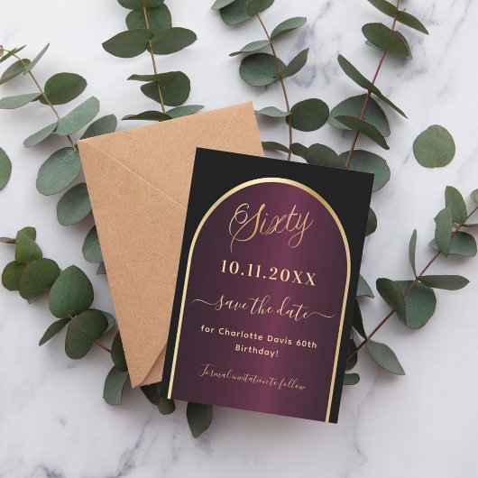 Zwarte Bourgondische gouden boog 60e verjaardag Save The Date