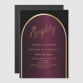 Zwarte Bourgondische gouden boog 80e verjaardag lu Magnetische Uitnodiging (Voorkant / Achterkant)