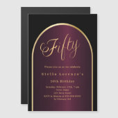 Zwarte Bourgondische gouden boog luxe 50e verjaard Magnetische Uitnodiging (Voorkant / Achterkant)