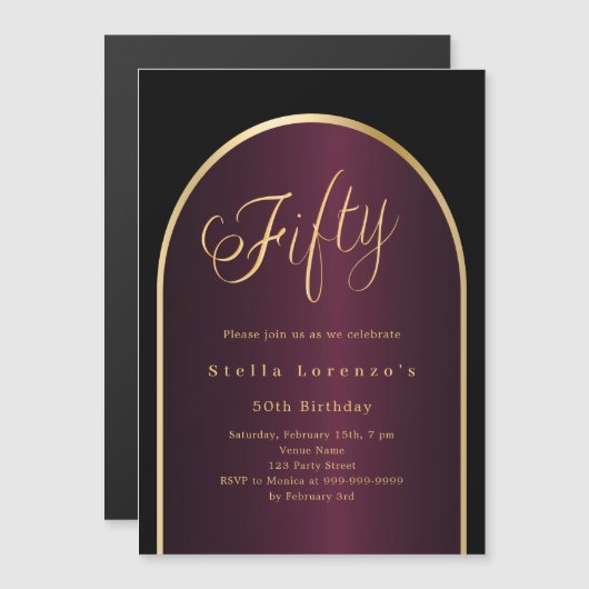 Zwarte Bourgondische gouden boog luxe 50e verjaard Magnetische Uitnodiging (Voorkant / Achterkant)