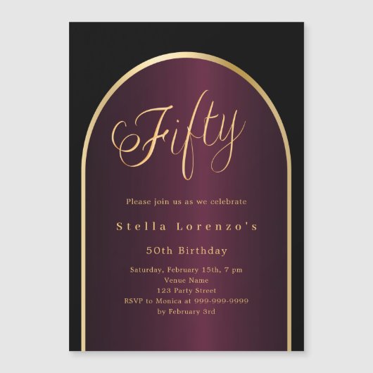 Zwarte Bourgondische gouden boog luxe 50e verjaard Magnetische Uitnodiging (Voorkant)