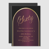 Zwarte Bourgondische gouden boog luxe 60e verjaard Magnetische Uitnodiging (Voorkant / Achterkant)