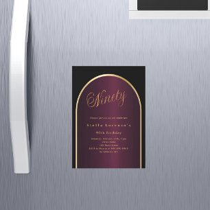 Zwarte Bourgondische gouden boog luxe 90e verjaard Magnetische Uitnodiging