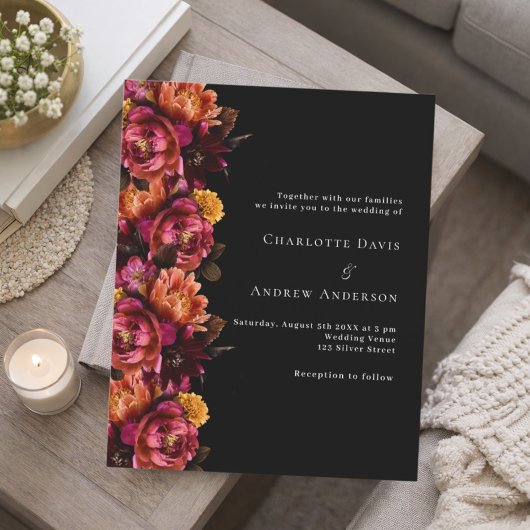 Zwarte Bourgondische moody huwelijksuitnodiging