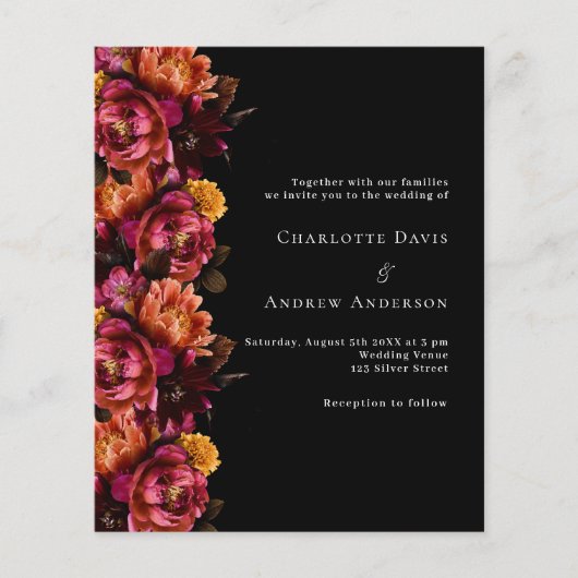 Zwarte Bourgondische moody huwelijksuitnodiging (Voorkant)