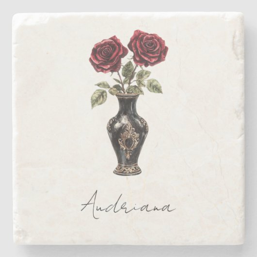 Zwarte Bourgondische rode bloemenvaas Stenen Onderzetter (Voorkant)