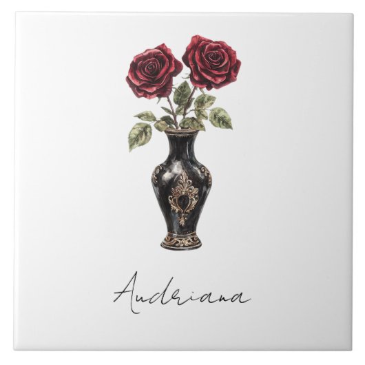 Zwarte Bourgondische rode bloemenvaas Tegeltje (Voorkant)