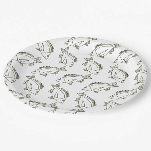 Zwarte Bream Vis in Kaki Groen op Wit Papieren Bordje (Gekanteld)