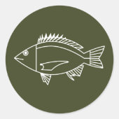 Zwarte Bream Vis in Wit op Khaki Groen Ronde Sticker (Voorkant)