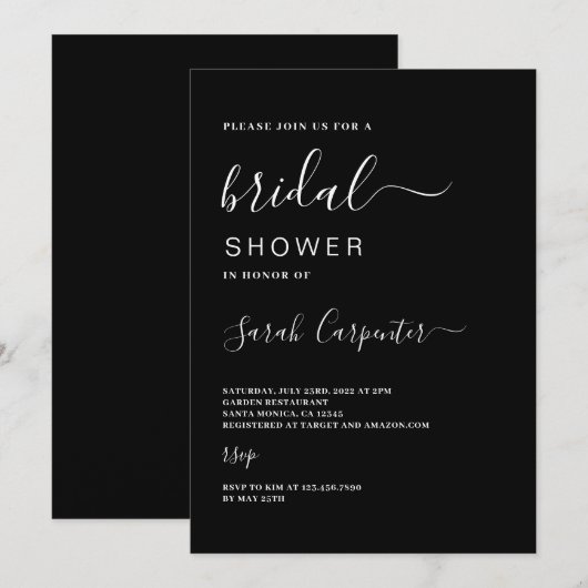 Zwarte Bridal Shower-uitnodiging Kaart (Voorkant / Achterkant)