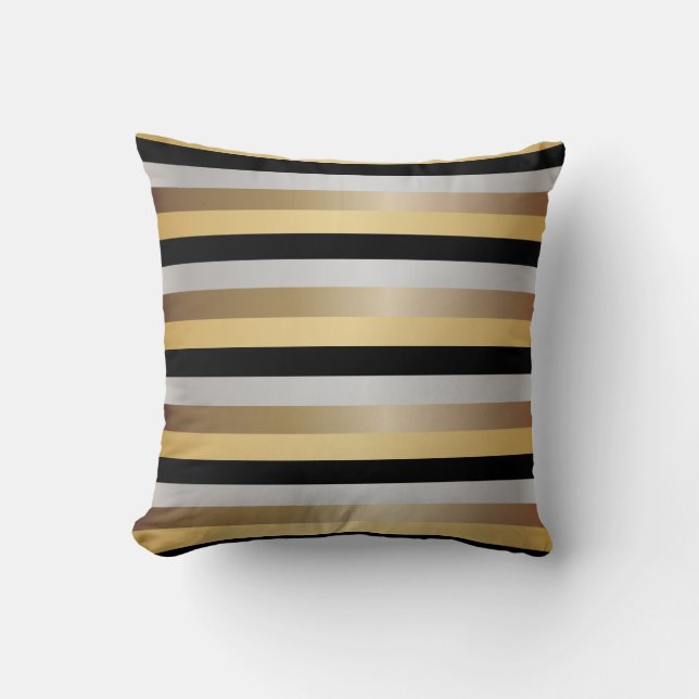 Zwarte, Bronze, Silver en Gold Stripes Kussen (Voorkant)