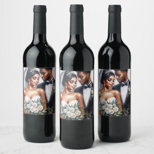 Zwarte bruid en bruidegom Afro bruiloft Wijn Etiket (Flessen)