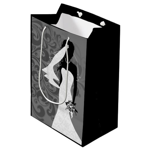 Zwarte bruid silhouet in witte trouwjurk medium cadeauzakje (Voorkant Gekanteld)