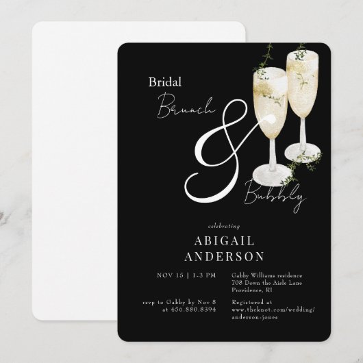 Zwarte bruids brunch & bubbeldouche kaart (Voorkant / Achterkant)
