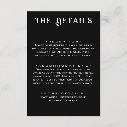 Zwarte bruiloft details informatiekaartje (Voorkant)