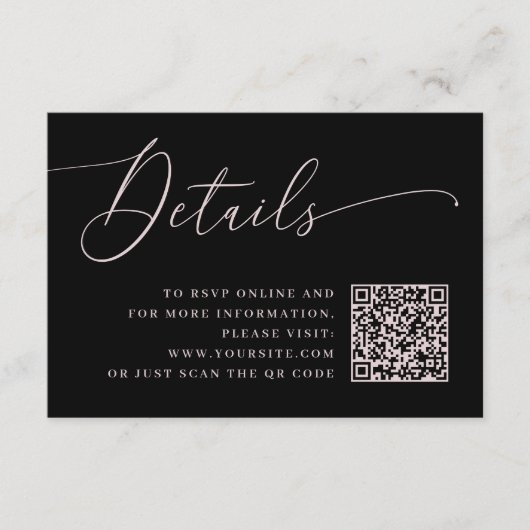 Zwarte bruiloft details met roze script en QR-code Informatiekaartje (Voorkant)
