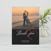 Zwarte bruiloft eenvoudig 1 foto elegant script bedankkaart (Staand voorkant)