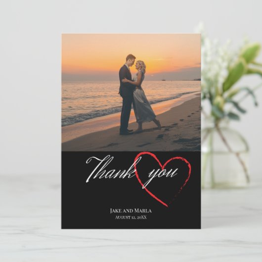 Zwarte bruiloft eenvoudig 1 foto elegant script bedankkaart (Staand voorkant)