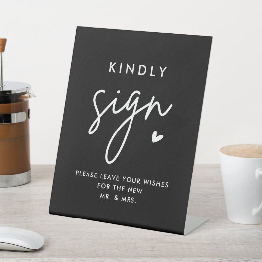 Zwarte bruiloft Gastboek Kindly Sign Reclamebord Met Voetstuk (Insitu)