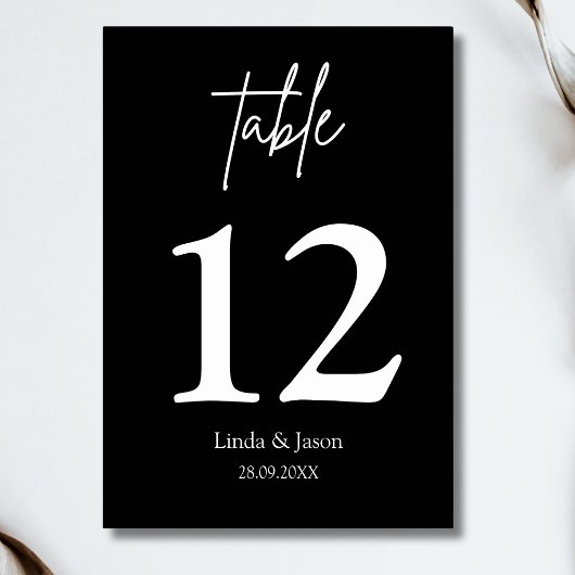 Zwarte bruiloft kalligrafie script tafel nummer kaart