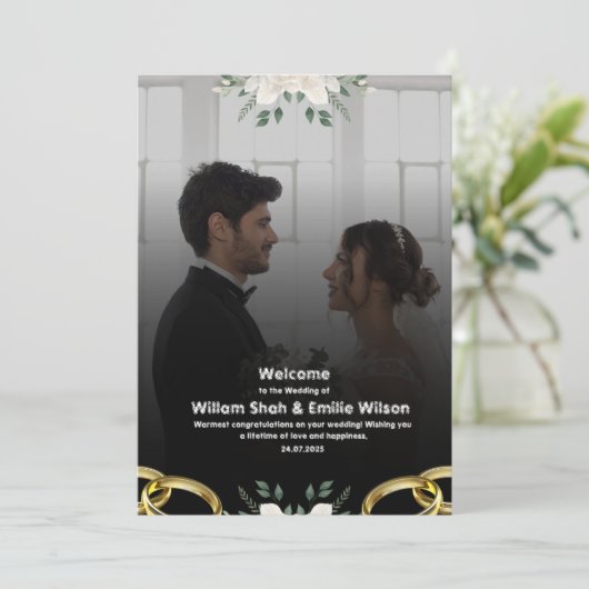 Zwarte bruiloft met moderne bloemen kaart (Staand voorkant)