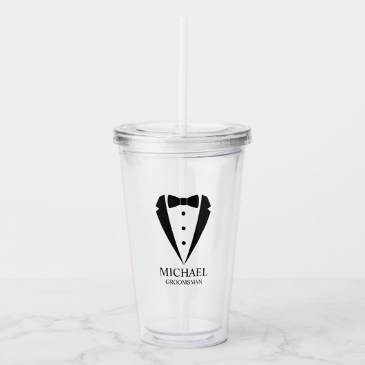 Zwarte bruiloft Tuxedo pak Gepersonaliseerde Groom Acryl Drinkbeker (Voorkant)