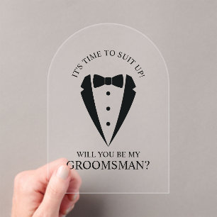 Zwarte bruiloft Tuxedo Suit Groomsman Voorstel Acryl Uitnodigingen