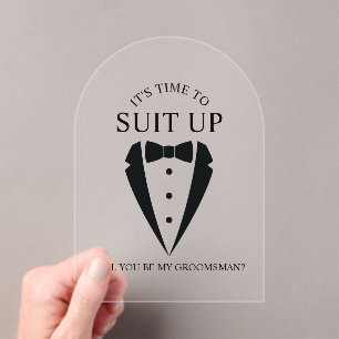Zwarte bruiloft Tuxedo Suit Groomsman Voorstel Acryl Uitnodigingen