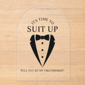 Zwarte bruiloft Tuxedo Suit Groomsman Voorstel Acryl Uitnodigingen (Voorkant)