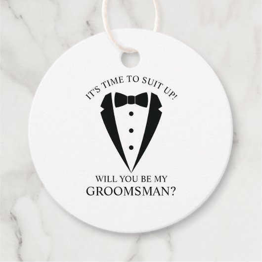 Zwarte bruiloft Tuxedo Suit Groomsman Voorstel Bedankjes Labels (Voorkant)