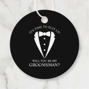Zwarte bruiloft Tuxedo Suit Groomsman Voorstel Bedankjes Labels