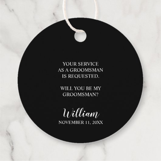 Zwarte bruiloft Tuxedo Suit Groomsman Voorstel Bedankjes Labels (Achterkant)