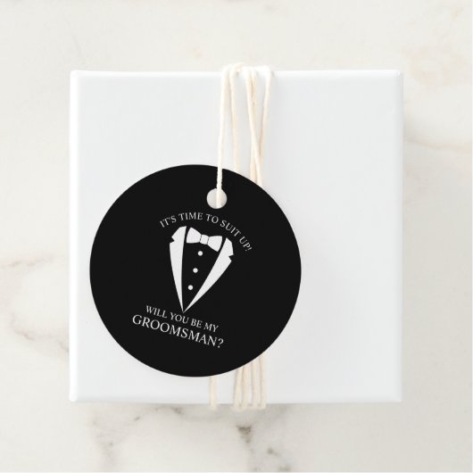 Zwarte bruiloft Tuxedo Suit Groomsman Voorstel Bedankjes Labels (In situ)