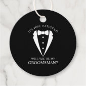 Zwarte bruiloft Tuxedo Suit Groomsman Voorstel Bedankjes Labels (Voorkant)