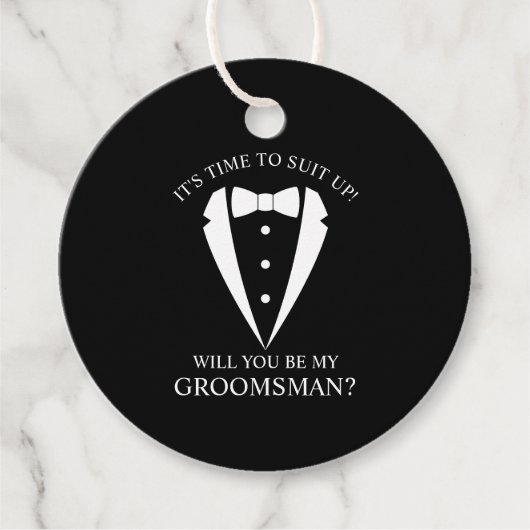 Zwarte bruiloft Tuxedo Suit Groomsman Voorstel Bedankjes Labels (Voorkant)