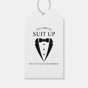 Zwarte bruiloft Tuxedo Suit Groomsman Voorstel Cadeaulabel