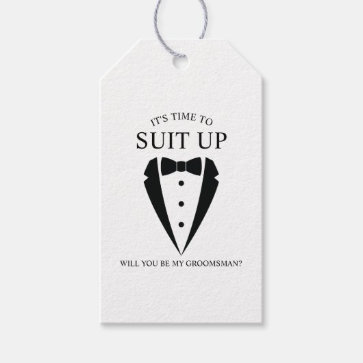 Zwarte bruiloft Tuxedo Suit Groomsman Voorstel Cadeaulabel (Voorkant)