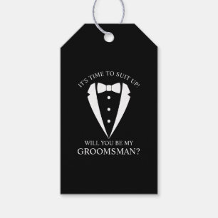 Zwarte bruiloft Tuxedo Suit Groomsman Voorstel Cadeaulabel