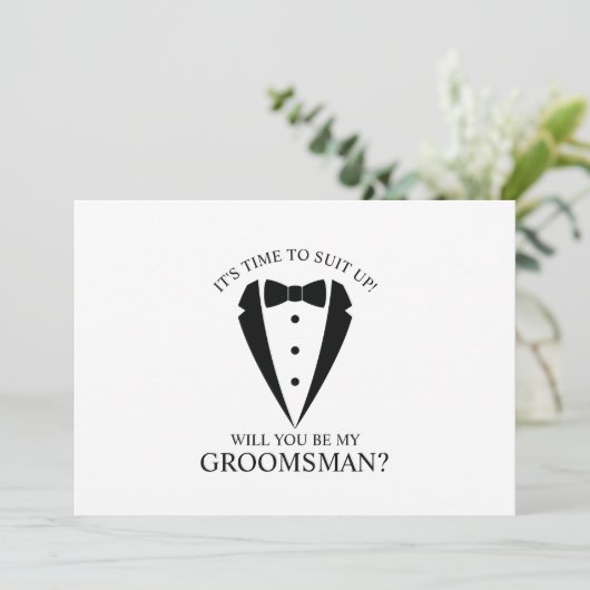 Zwarte bruiloft Tuxedo Suit Groomsman Voorstel Kaart (Staand voorkant)