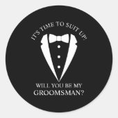 Zwarte bruiloft Tuxedo Suit Groomsman Voorstel Ronde Sticker (Voorkant)