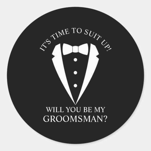 Zwarte bruiloft Tuxedo Suit Groomsman Voorstel Ronde Sticker (Voorkant)