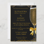 Zwarte bruiloft uitnodiging met gouden champagne g (Voorkant)