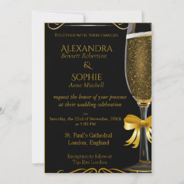 Zwarte bruiloft uitnodiging met gouden champagne g